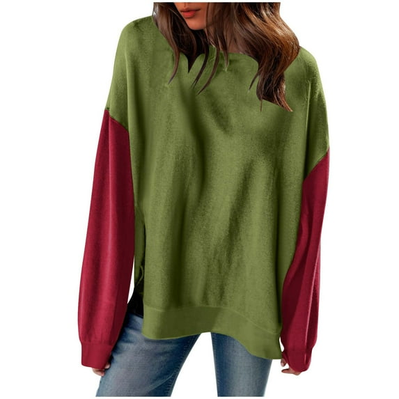 Women's Color Block Oversized Sweatshirt Crewneck Long Sleeve Drop Shoulder Shirts Casual Loose Pullover Tunic Tops