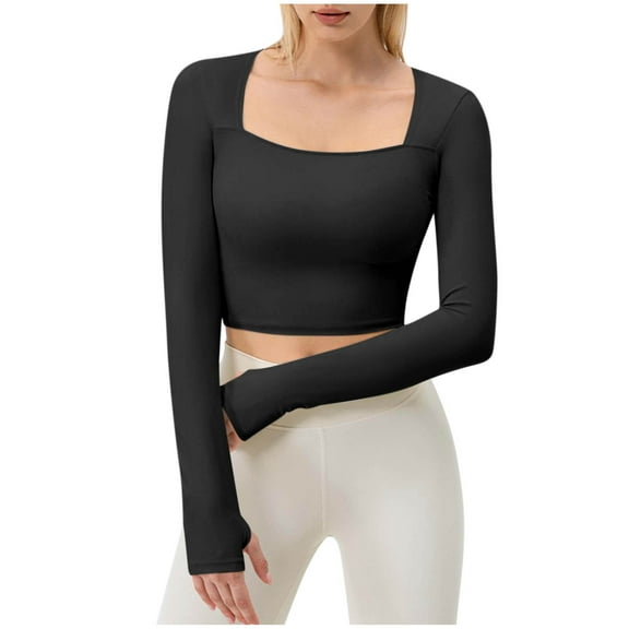 Women's Square Neck Cropped Workout Yoga Shirts Slim Fitted Long Sleeve Pullover Outdoor Sports Tops with Thumb Holes