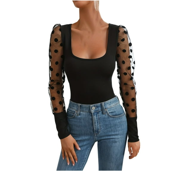Women's Square Neck Tops Puff Long Sleeve Bodysuit Off Shoulder Sheer Polka Dot Sleeve Shirt Lightweight Pullover
