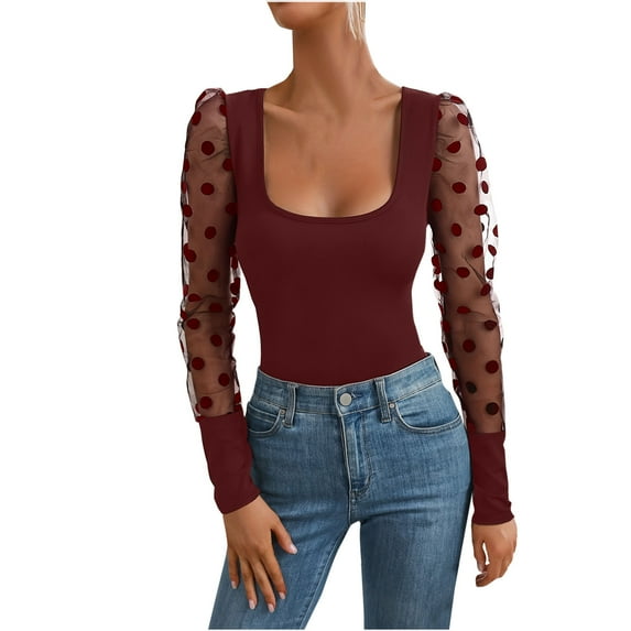 Women's Square Neck Tops Puff Long Sleeve Bodysuit Off Shoulder Sheer Polka Dot Sleeve Shirt Lightweight Pullover