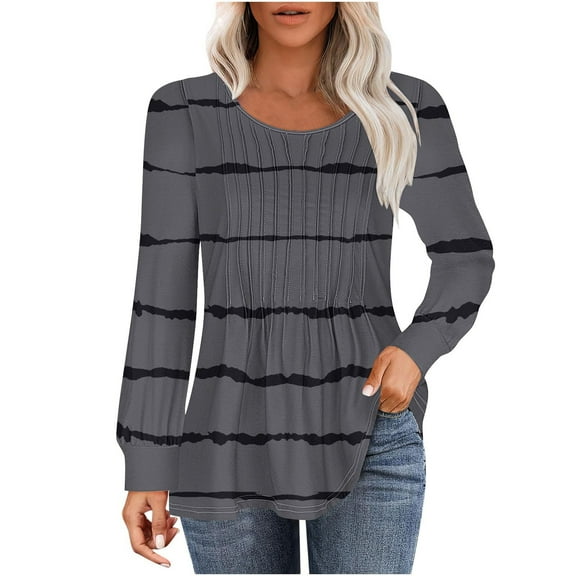 Womens Long Sleeve Tunic Tops Dressy Trendy Pleated Shirts Casual Crewneck Striped Tshirt 2025 Spring Blouses