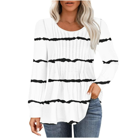 Womens Long Sleeve Tunic Tops Dressy Trendy Pleated Shirts Casual Crewneck Striped Tshirt 2025 Spring Blouses