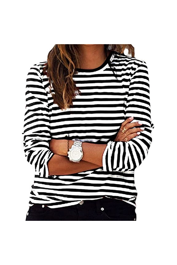 Striped Shirt Women Printed Crew Neck Long Sleeve Shirts Solid Color Long Sleeve Tops Causal Comfy Pullover Blouses