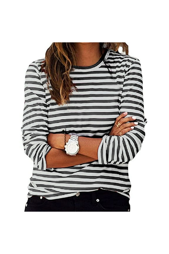 Striped Shirt Women Printed Fashion Round Neck Long Sleeve Shirts Solid Color Long Sleeve Tops Causal Comfy Pullover Long Sleeve Blouses, Gifts for Women