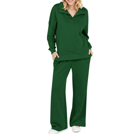 gakvbuo Fall Pullover Lounge Set Outfits With Pockets for Women 2 Piece Outfit Sets Long Sleeve Tracksuit Half Zip Lapel Sweatsuit Sweatshirt Wide Leg Pants Sportswear Suit Set