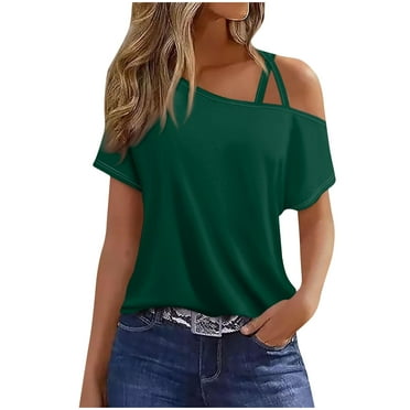 Fall Savings gakvbuo Cold Shoulder Shirts Womens Summer Tops Short Sleeve One Sided Button Ruched Blouse T-Shirt Casual One Shoulder Tops Vacation off the shoulder Tunic Tee Top
