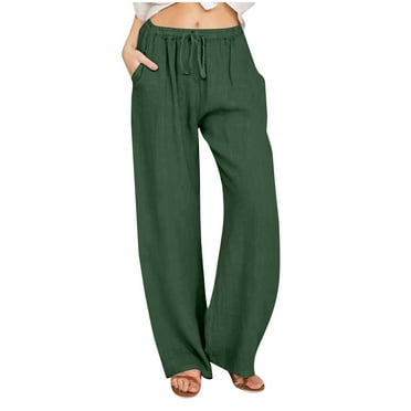 Fall Savings Clearance ibuvkizy Wide Leg Pants for Women Lightweight Cotton Linen Drawstring Waist Loose Solid Color Lounge Trousers with Pockets Army Green,L