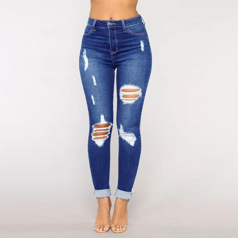 Kids Girls Dark Blue Skinny Jeans Denim Ripped Fashion Stretchy Pants  Jeggings