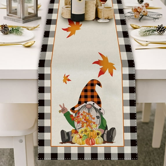 Fall Savings Fall Gnomes Pumpkins Maple Leaves Thanksgiving Table Runner 13 x 74 Inch Seasonal Harvest Vintage Kitchen Dining Table Decoration for Indoor Outdoor Home Party Decor Round Tablecloth