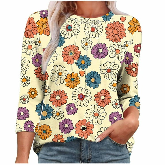 Spring Shirts for Women V Neck Women's Tops Spring 3 Quarter Length Sleeve Tops Womens Blouses Gifts