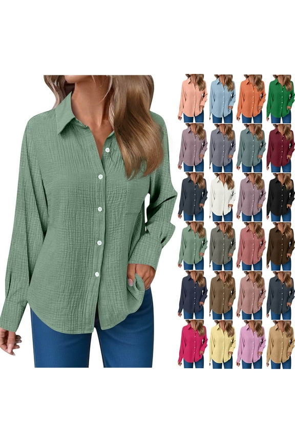 Button Down Shirts for Women Cotton Solid Color Long Sleeve Blouses Fall Work Casual Tops with Pocket L
