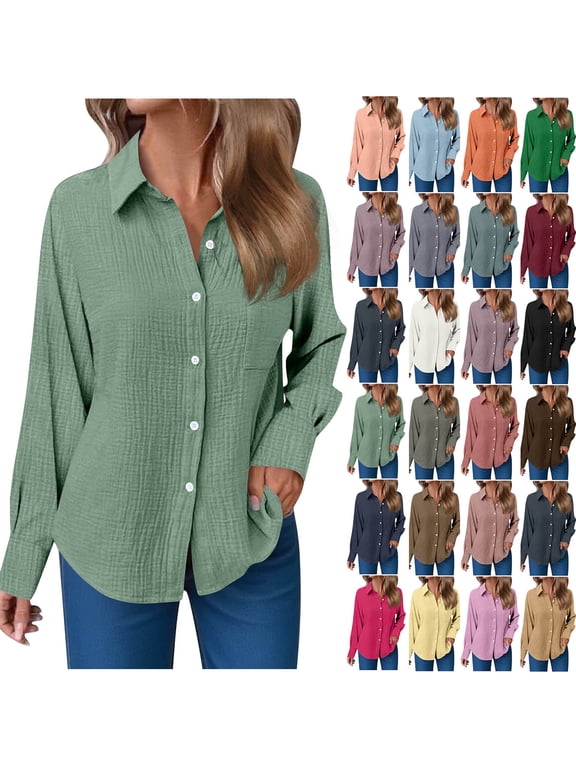 Button Down Shirts for Women Cotton Solid Color Long Sleeve Blouses Fall Work Casual Tops with Pocket M