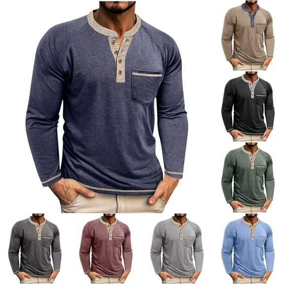 Horkkom Henley Shirts for Men Button Pullvoer Long Sleeve Shirts with Pocket Fall Casual Work Shirts XXL