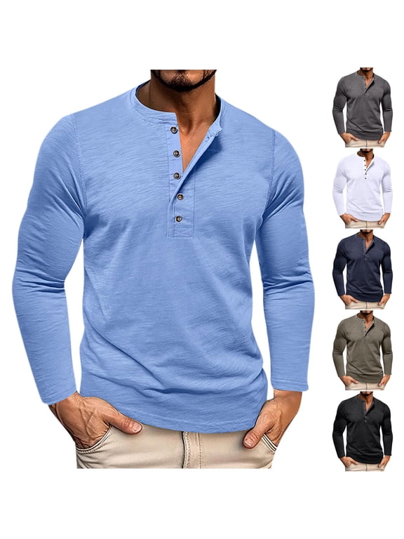 Henley Shirts for Men Button Pullvoer Solid Color Long Sleeve Shirts Fall Casual Work Shirts L