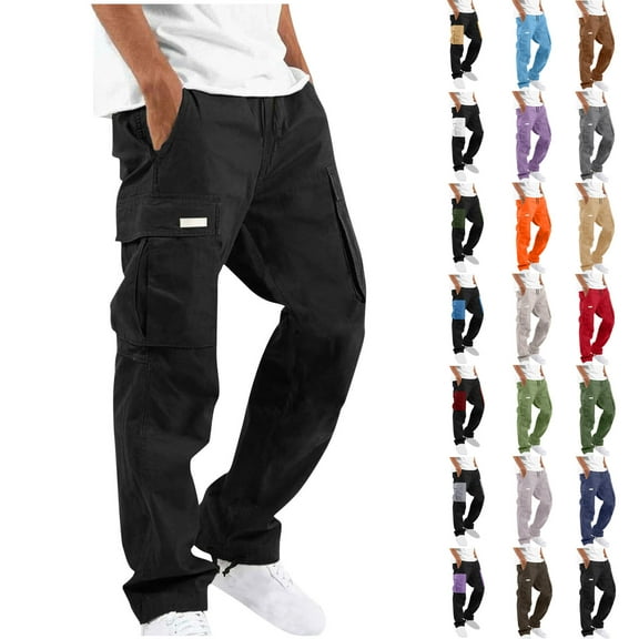 Horkkom Hiking Pants Men Elastic Waist Drawstring Cargo Pants Outdoor Workout Tactical Pants with Pockets L