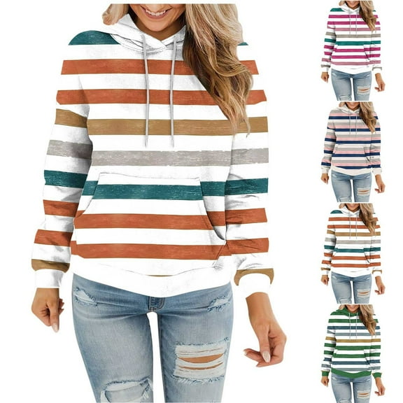 Horkkom Hoodies for Women Plus Size Striped Print Pullover Sweatshirts Casual Long Sleeve Hoodies with Pocket Drawstring S