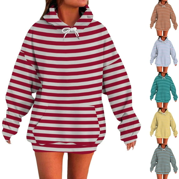 Horkkom Hoodies for Women Striped Print Long Sleeve Pullover Sweatshirts Fall Hoodies with Pocket Drawstring XL