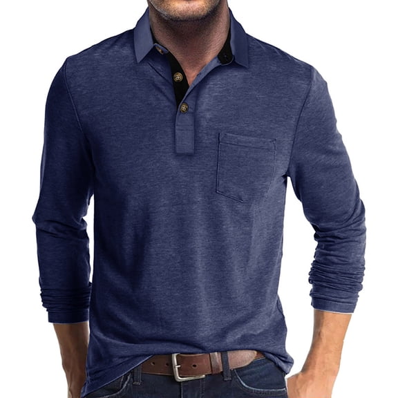 Horkkom Long Sleeve Shirts for Men Button Lapel Neck Layer Solid Color Pullover T Shirt Fall Casual Comfy All Purpose Tee Shirts with Pocket