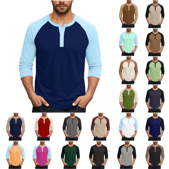 Horkkom Long Sleeve Shirts for Men Color Block Button Down Neck Pullover T-Shirts Casual Slim T Shirt L