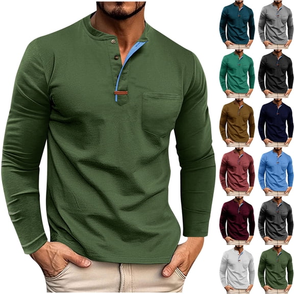 Horkkom Mens Long Sleeve Tee Shirts Color Block Button Down Neck Pullover T-Shirts Fall Casual T Shirt with Pocket XXL