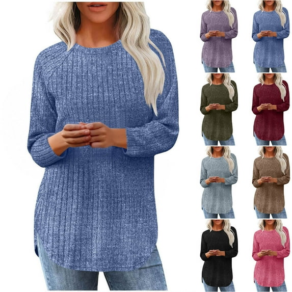 Horkkom Pullover Sweaters for Women Crew Neck Pullover Long Sleeve Tops Solid Color Casual Fall Tops M