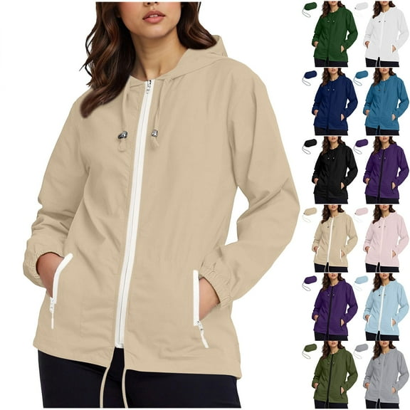 Horkkom Rain Jacket Women Waterproof with Pocket Long Sleeve Zip Up Hoodie Outdoor Lightweight Rain Coats M