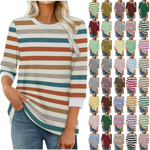 Horkkom Striped Shirt Women Crew Neck Color Block 3/4 Length Sleeve Tops Fall Casual T Shirts L