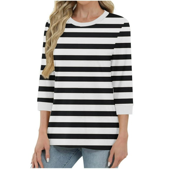 Horkkom T Shirts for Women Crew Neck Color Block 3/4 Length Sleeve Tops Fall Casual Loose Striped Shirt L