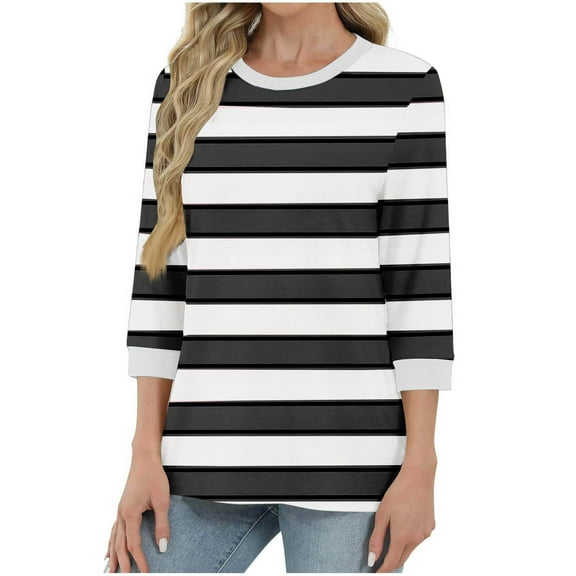 Horkkom Womens Fall Tops Crew Neck Striped Print Color Block 3/4 Length Sleeve Tops Casual Loose T Shirts 2XL