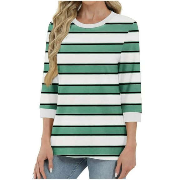 Horkkom Womens Fall Tops Crew Neck Striped Print Color Block 3/4 Length Sleeve Tops Casual Loose T Shirts S