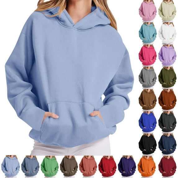 Horkkom Womens Hoodies Pullover Solid Color Long Sleeve Sweatshirt Fall Fleece Hoodie with Pocket L