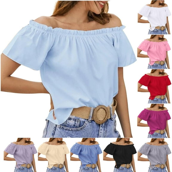 Horkkom Womens Summer Tops Short Sleeve Off The Shoulder Tops Solid Color Casual Ruched Tops L
