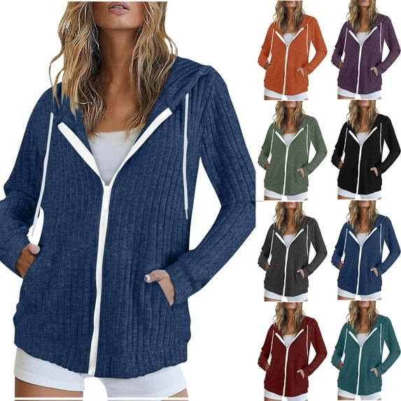 Horkkom Zip Up Hoodie Women with Pockets Solid Color Sweaters Winter Fall Soft Zip Up Jackets L