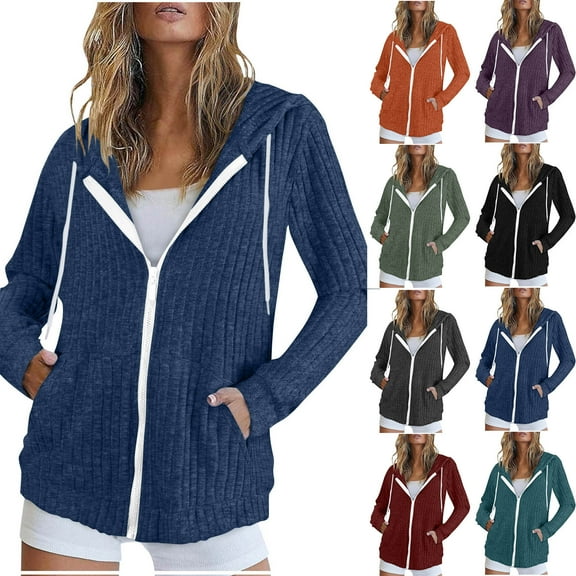Horkkom Zip Up Hoodie Women with Pockets Solid Color Sweaters Winter Fall Soft Zip Up Jackets L