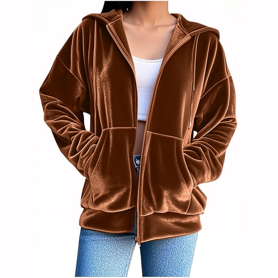 Horkkom Zip Up Jackets for Women with Pockets Casual Solid Color Hoodies Winter Fall Velvet Zip Up Sweatshirt L