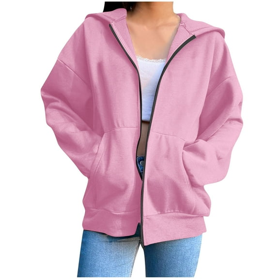 Horkkom Zip Up Sweatshirt Women Solid Color Long Sleeve Hoodies Winter Fall Fleece Zip Up Jackets with Pockets 2XL