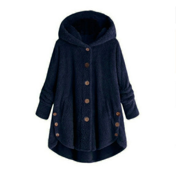 Kojanyu Plus-Size Plush Hooded Cardigan with Buttons - Women Plus Size Button Tops Hooded Loose Cardigan Wool Coat Winter Jacket Hoodless Long Sleeve Casual Jacket