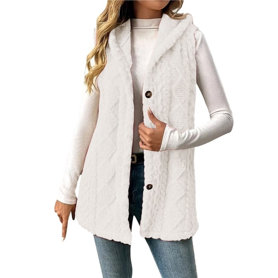 Ladies Winter Vest Fleece Sleeveless Hooded Jacket Fleece Button up Jacket Solid Color Outerwear with Pockets My Order My Items