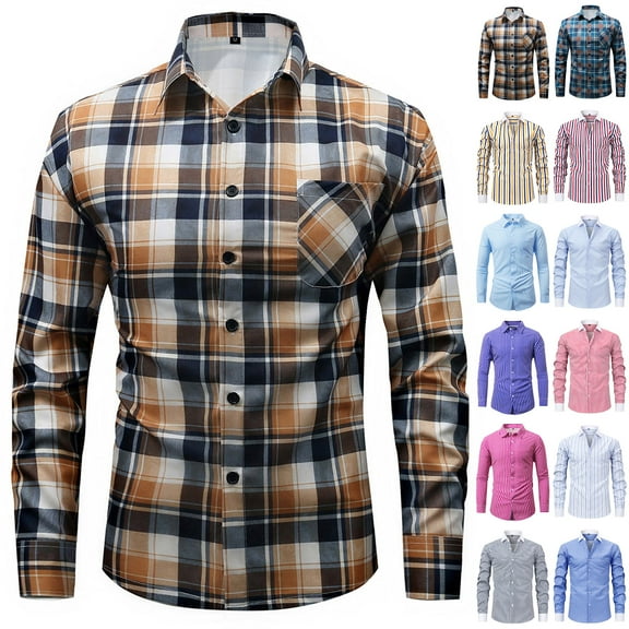 Long Sleeve Shirts for Men(L-7XL), Titcea Plaid Print Buttons Lapel Neck Casual Shirt, Loose Comfortable Checkered Blouse with Pocket