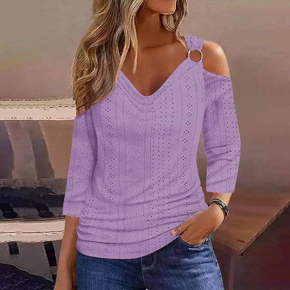 Long Sleeve T-Shirts for Women Casual Women's Casual Summer Solid Cold Shoulder Pile Collar V-Neck 3/4 Sleeve Blouse, S-2XL