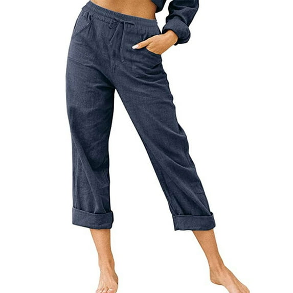 LoyisViDion Woman Pants Women Casual Solid Color Pants Pockets Bandage Elastic Waist Comfortable Straight Pants Dark Blue 6(M)
