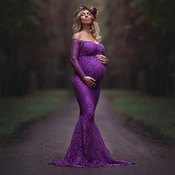 LoyisViDion Maxi Dresses Womens Maternity Dresses Ladies Fashion Sexy Mesh Lace Long Sleeve Photography Mopping Long Dress,Maternity/Purple L