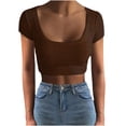 thumbnail image 1 of HWRETIE Women Tops Fashion Women Summer Half Sleeve Pullover Solid Color Casual Blouse Tops Rollback Brown, 1 of 5
