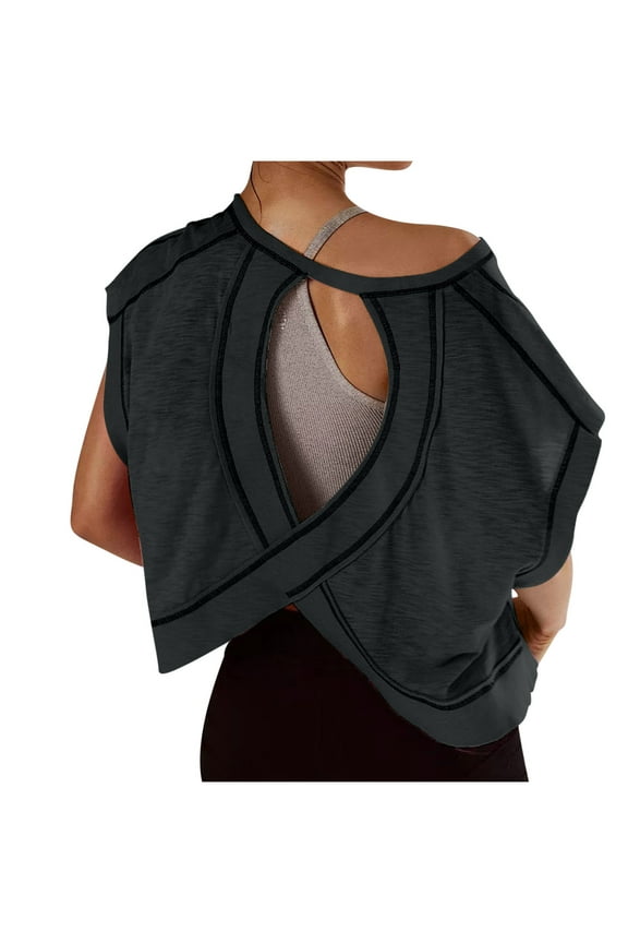 LoyisVidion Mesh-Back Cropped Tank Top for Yoga and Gym - Womens Open Back Workout Backless Short Sleeve Athletic Shirt Running Crop Top Gym Yoga Tee