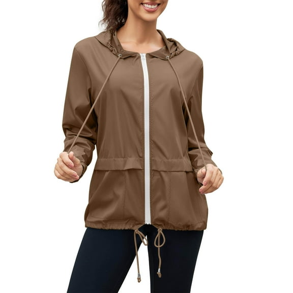 Pohista Womens Fall Jackets Long Sleeve Solid Zipper Pocket Drawstring Top Waterproof Hooded Coat Outdoor Mountaineering Clothing Sports Jacket Blouse