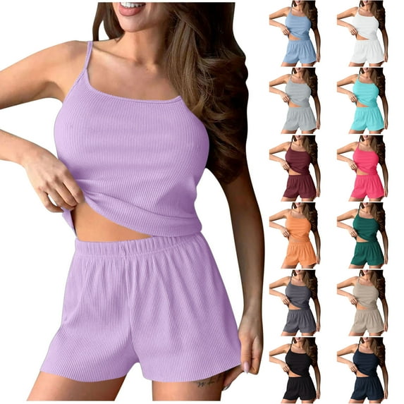 QATAINLAV 2 Piece Casual Summer Outfits for Women Ribbed Knit Sleeveless Tops and Shorts Pajama Sets Spaghetti Strap Lounge Set Nightwear Green L