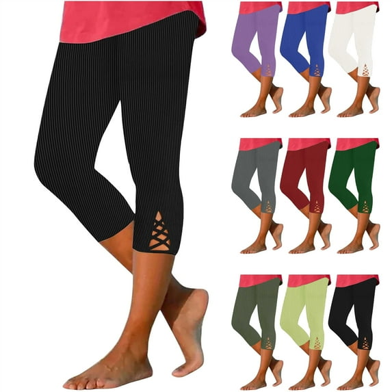 QATAINLAV Capris Pants for Women Elastic High Waisted Yoga Leggings Casual Solid Color Hollow Out Ribbed Kint Cropped Trousers Army Green S