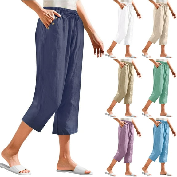QATAINLAV Cotton Linen Pants for Women Baggy Wide Leg Cropped Lounge Trousers Drawstring High Waist Beach Pant Summer Outfits Purple S