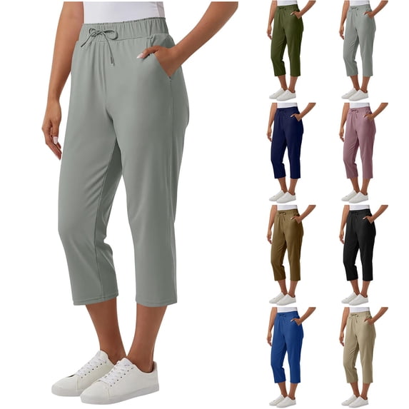 QATAINLAV Lightweight Capri for Women Casual Cropped Lounge Work Athletic Travel Pants with Pockets Quick Dry Hiking Sweatpants Khaki S
