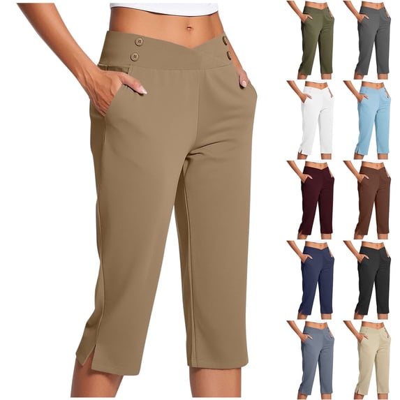 QATAINLAV Womens Button Trim Crossover High Waisted Yoga Cropped Pants Baggy Side Slits Solid Color Stretch Dress Capris with Pockets Black S
